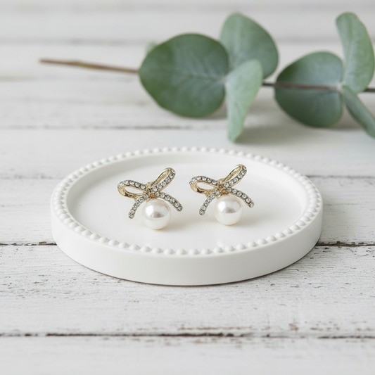 Elizabeth Crystal Bow & Pearl Earrings