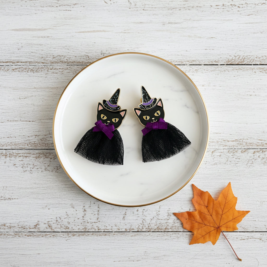 Whiskered Witches Halloween Cat Earrings
