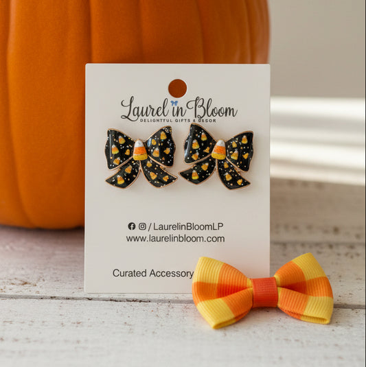 Spooky Sweet Candy Corn Bow Earrings