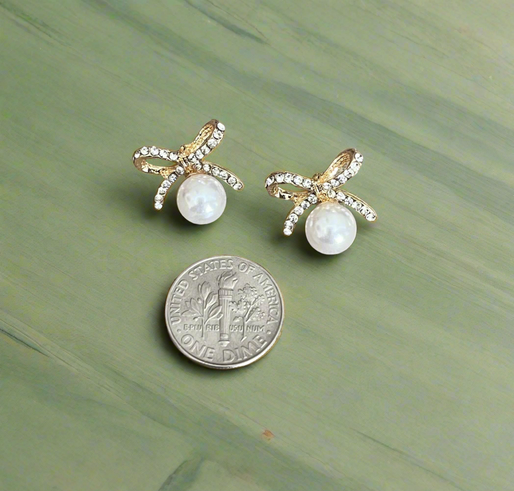 Crystal Bow & Pearl Earrings