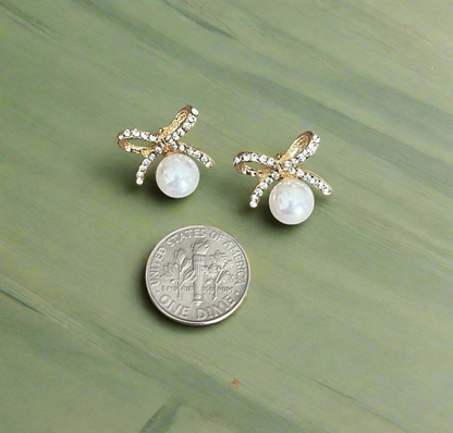 Crystal Bow & Pearl Earrings