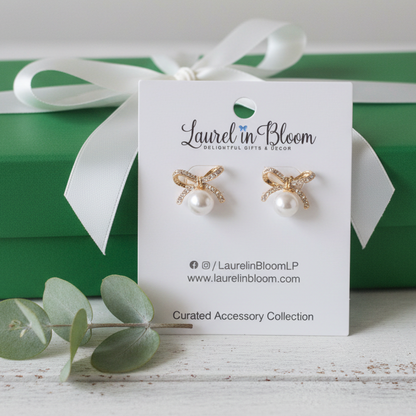 Elizabeth Crystal Bow & Pearl Earrings