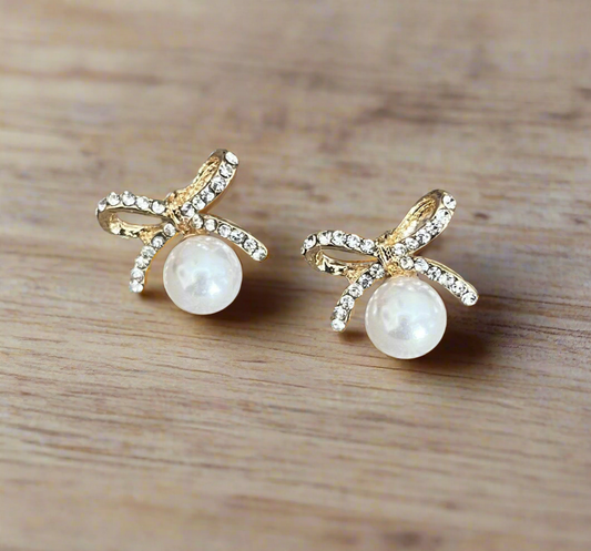 Crystal Bow & Pearl Earrings