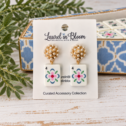 Lucky Tile Pearl Mahjong Drop Earrings
