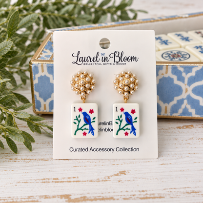Lucky Tile Pearl Mahjong Drop Earrings