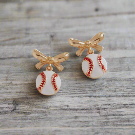 Baseball & Gold Bows Earrings