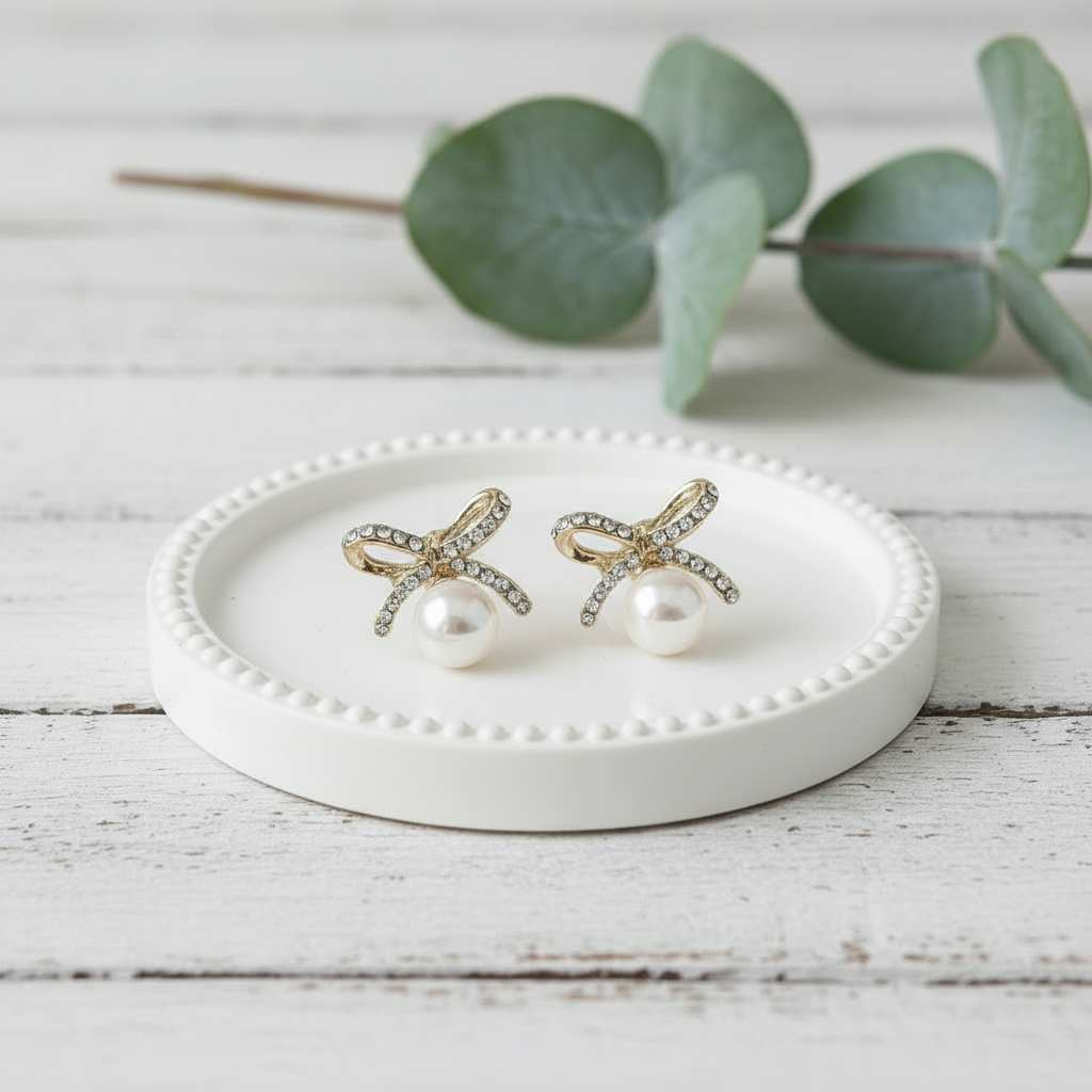 Crystal Bow & Pearl Earrings