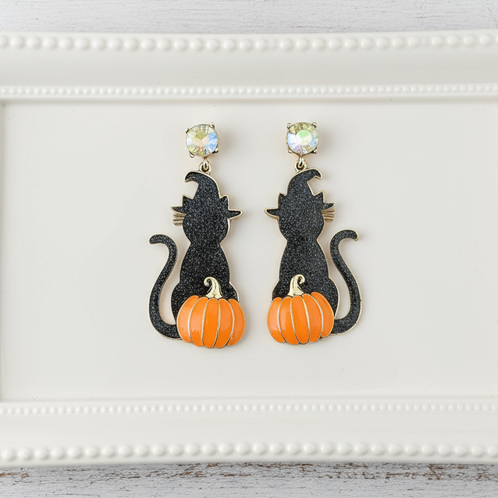 Black Cat-o-Lantern Drop Earrings