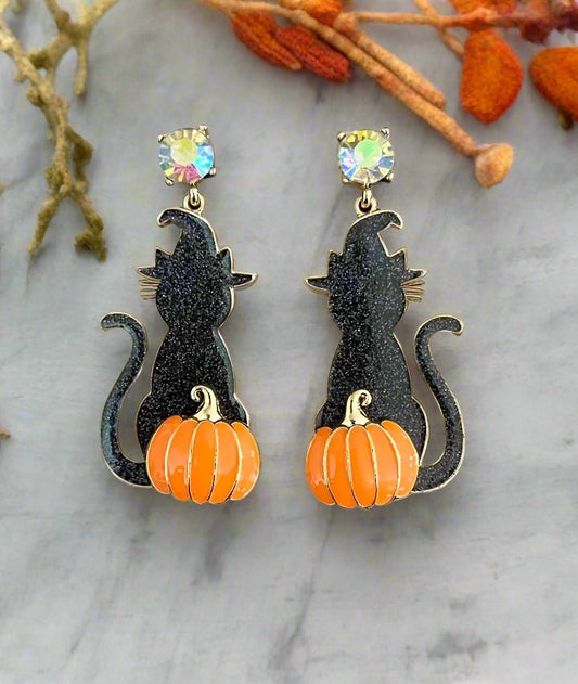Black Cat-o-Lantern Drop Earrings
