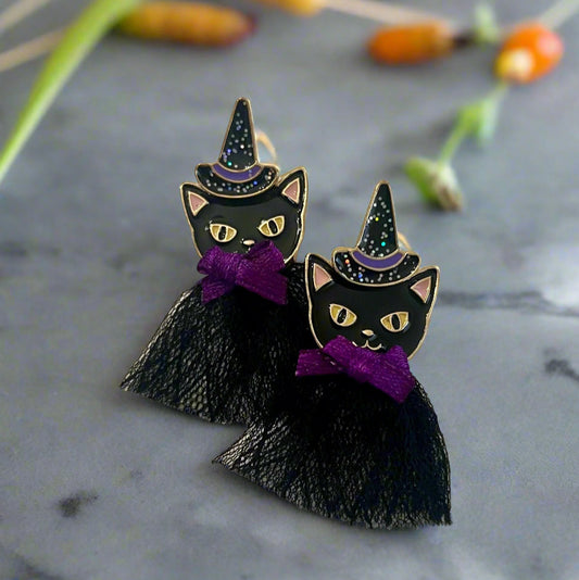 Whiskered Witches Halloween Cat Earrings