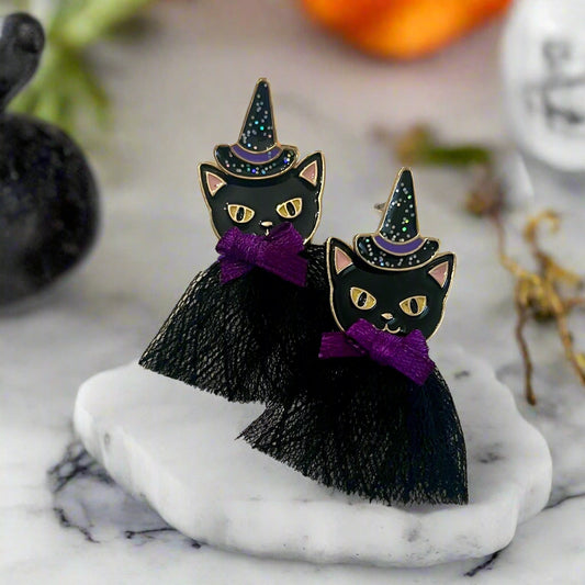 Whiskered Witches Halloween Cat Earrings