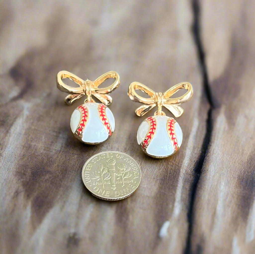 Baseball & Gold Bows Earrings