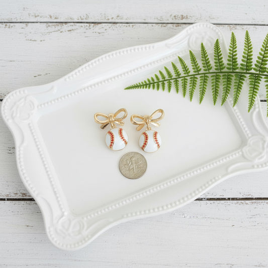 Baseball & Gold Bows Earrings