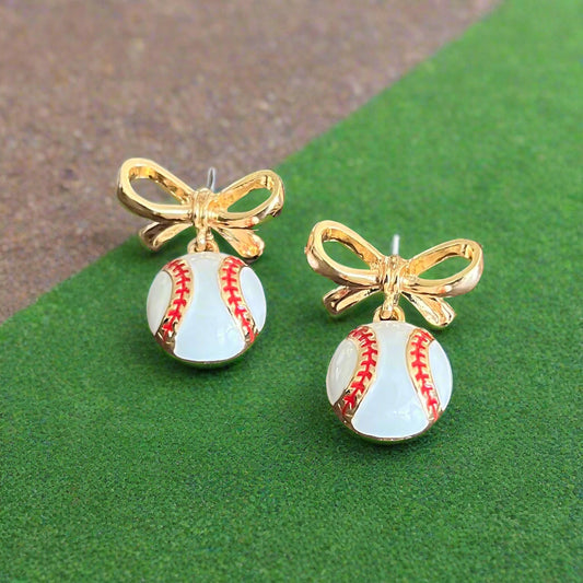 Baseball & Gold Bows Earrings