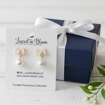Little White Tie Pearl Drop Earrings