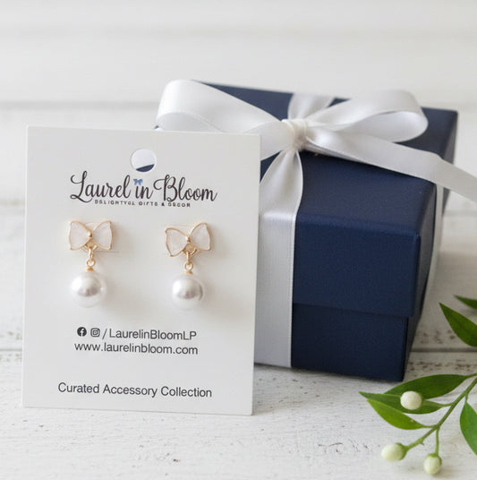 Little White Tie Pearl Drop Earrings