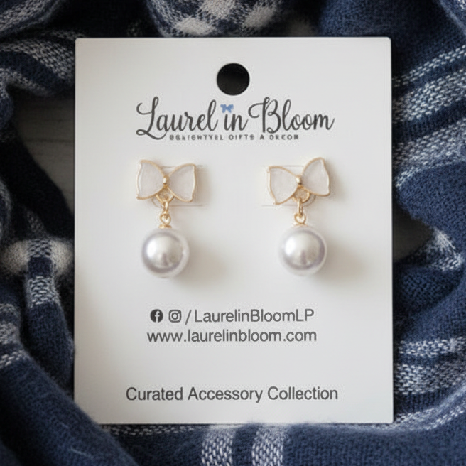 Little White Tie Pearl Drop Earrings