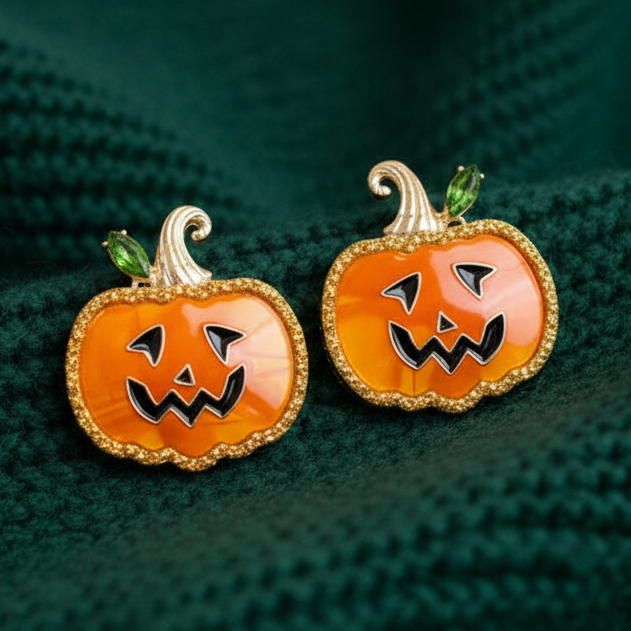 Gilded Jack-O-Lantern Statement Stud Earrings