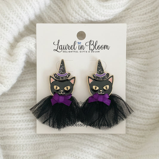 Whiskered Witches Halloween Cat Earrings