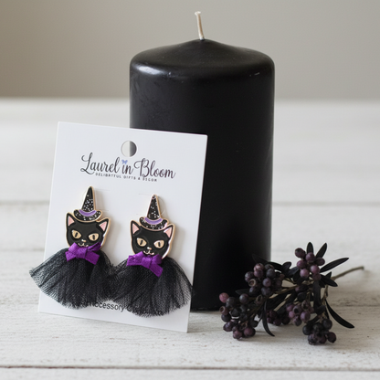 Whiskered Witches Halloween Cat Earrings