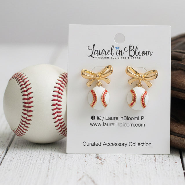 Hadley Baseball & Gold Bows Earrings