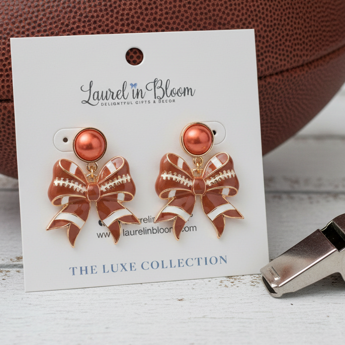 Logan Pearl Football Bow Earrings